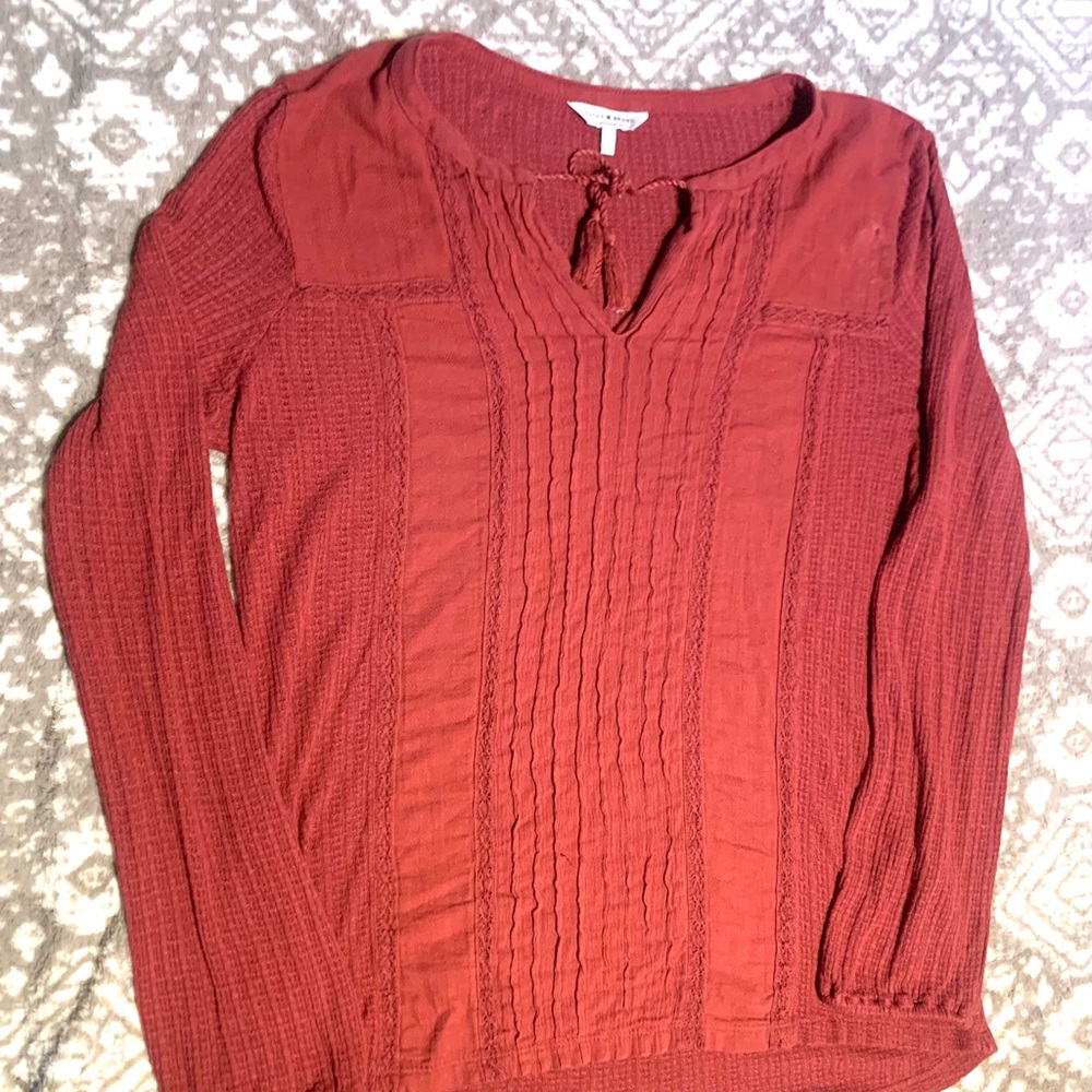 Lucky Brand boho top in maroon/rust with tassel neck detail size L